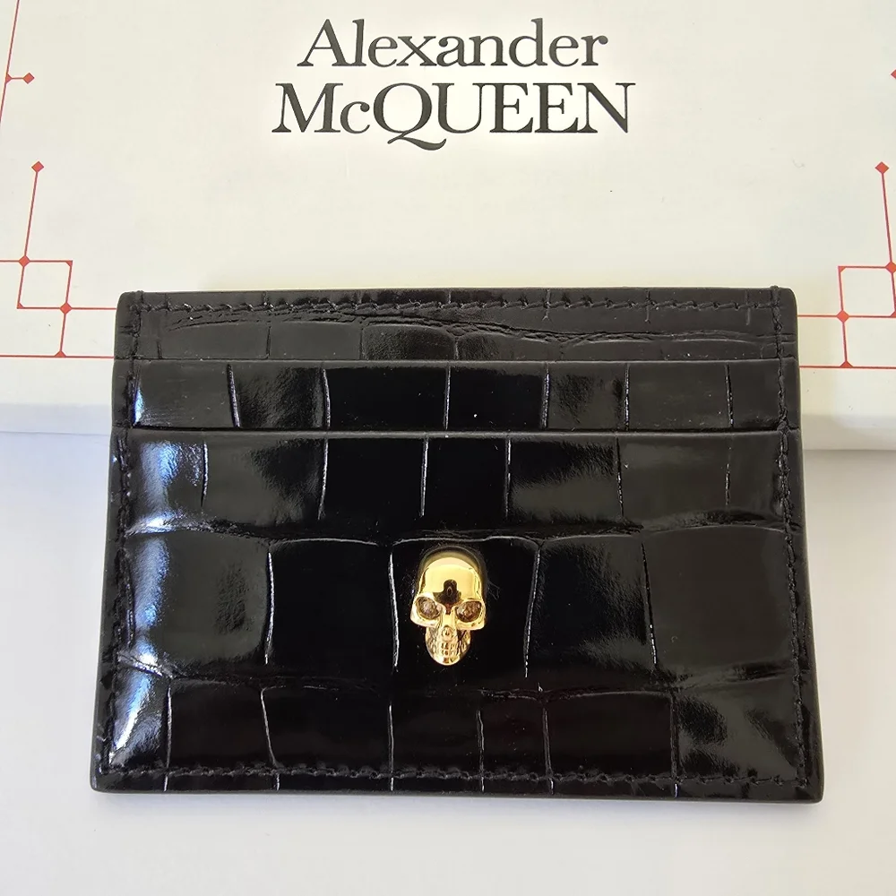 Alexander McQueen Skull Croc Embossed Leather Card Holder Black